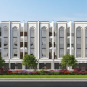 Modern luxury town homes on Pine Avenue Lahore — exterior view with landscaping