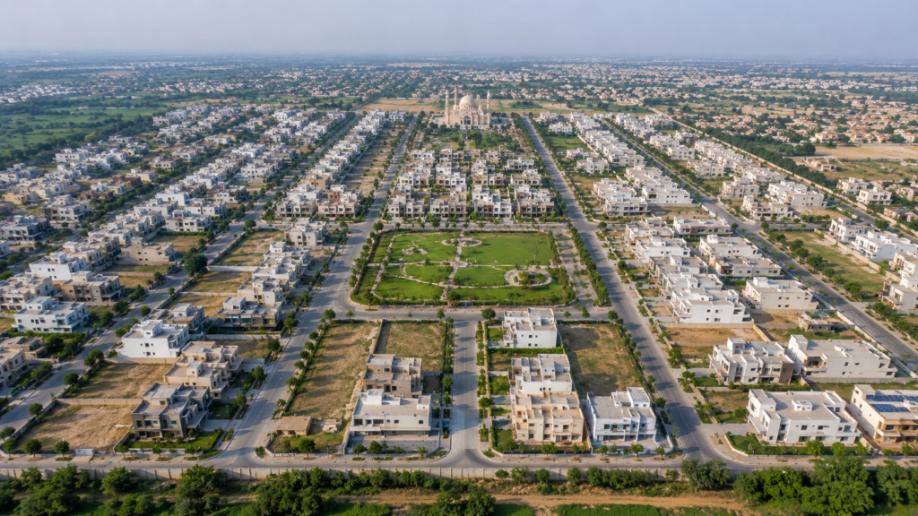 Aerial view of well-planned gated community in Lahore showing organized streets and family villas
