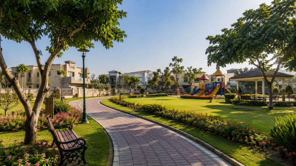 Family park inside Lahore gated community with playground and walking track for daily family life