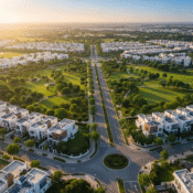 Aerial view of a modern housing society in Lahore with wide roads, green parks and planned blocks