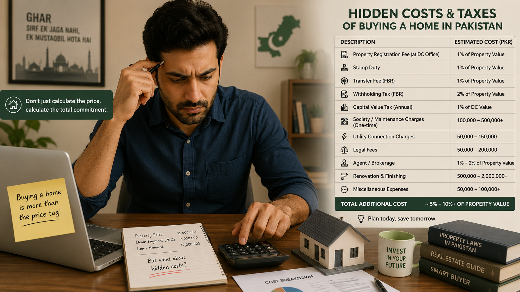 Buyer calculating the hidden costs and taxes of buying a home in Pakistan