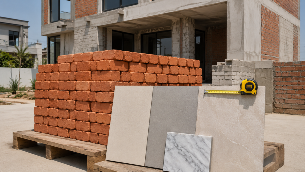 Locally sourced bricks and tiles for budget modern house design in Lahore