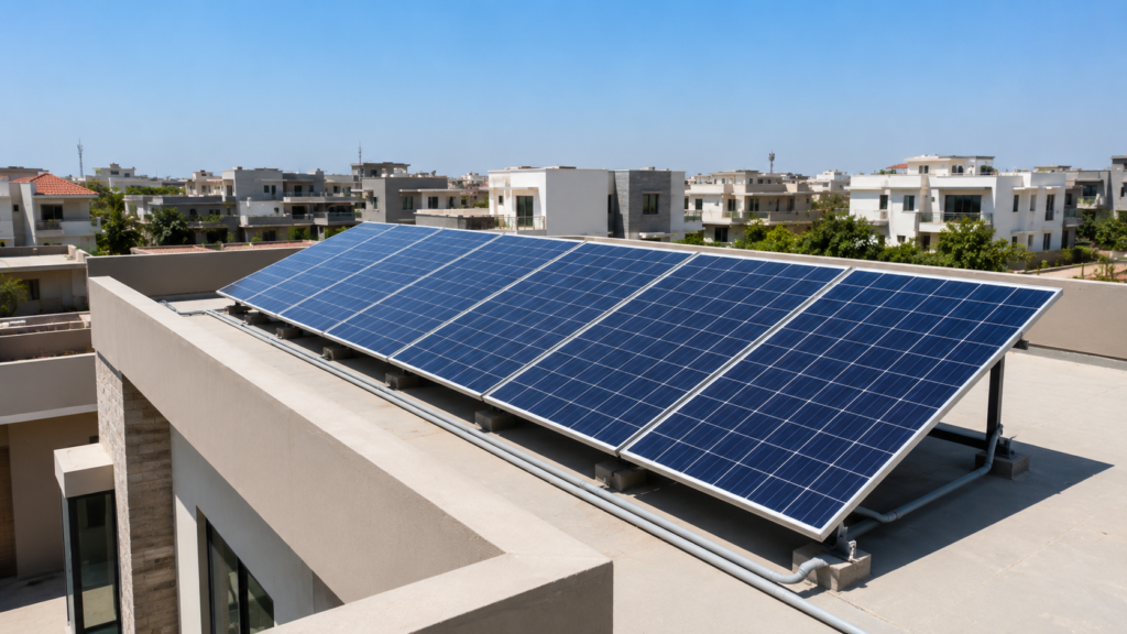 Solar panels on a modern budget house in Lahore for energy efficiency